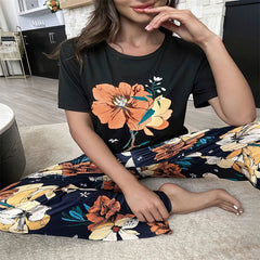 Women's Flower Print Short-Sleeve Pajama Set - model wearing