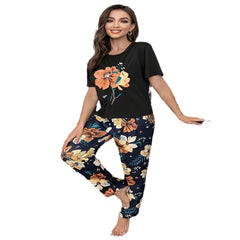 Women's Flower Print Short-Sleeve Pajama Set - side view