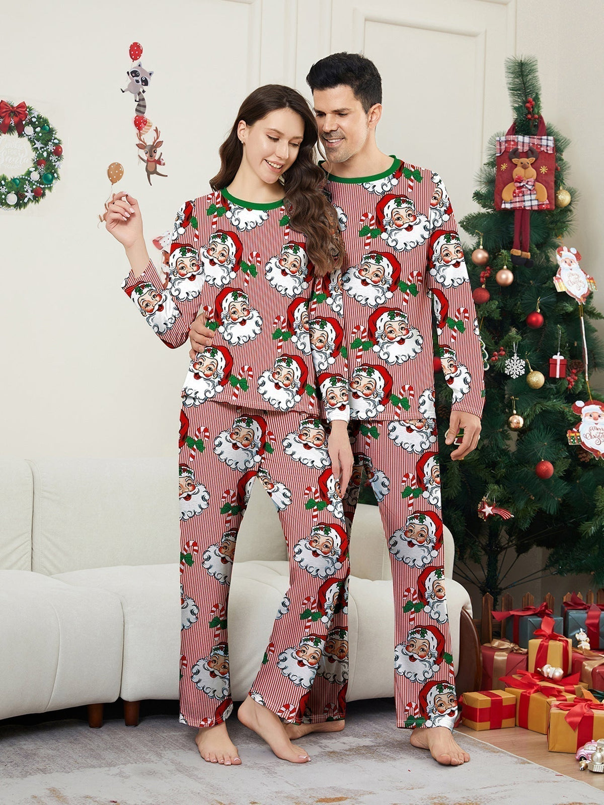 Santa Head Print Christmas Family Pajama Set - fabric detail