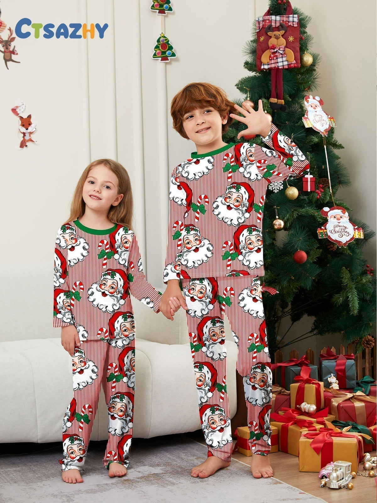 Santa Head Print Christmas Family Pajama Set - model wearing