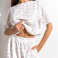 Women's Crop Top Cotton Pajama Set - model wearing