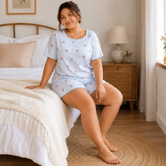Blue Cherry Stripe Plus Size Ribbed Pajama Shorts Set - fabric detail