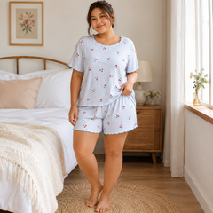 Blue Cherry Stripe Plus Size Ribbed Pajama Shorts Set - model wearing