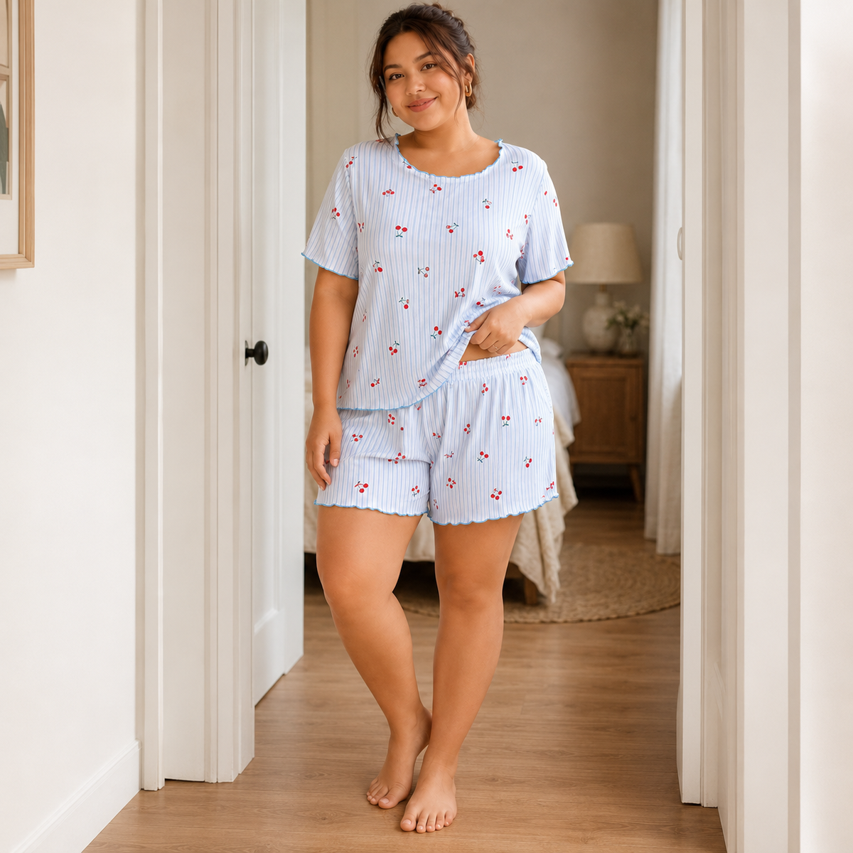 Blue Cherry Stripe Plus Size Ribbed Pajama Shorts Set - side view