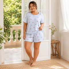 Blue Cherry Stripe Plus Size Ribbed Pajama Shorts Set - close-up detail