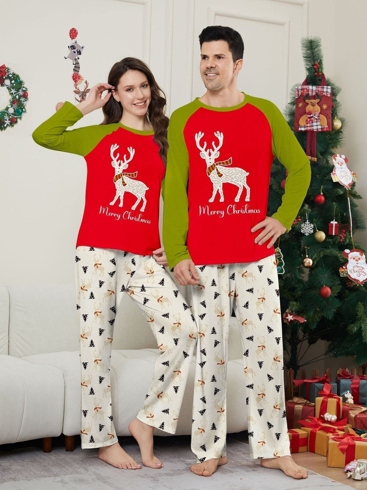 Contrast Reindeer Print Christmas Family Pajama Set - back view