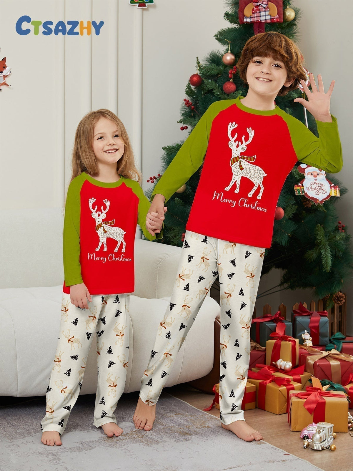 Contrast Reindeer Print Christmas Family Pajama Set - fabric detail