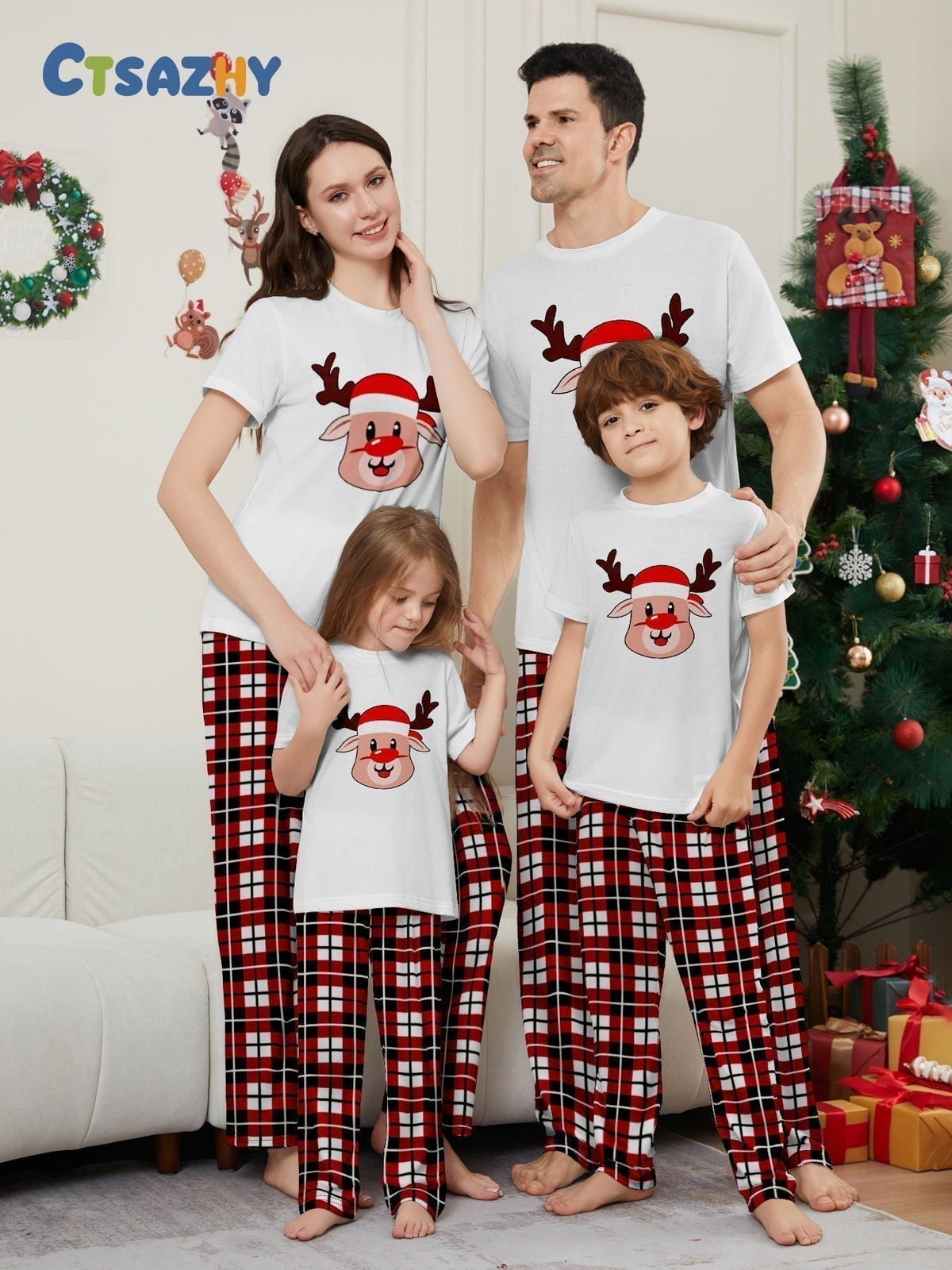 Deer Plaid Family Pajama Set - front view