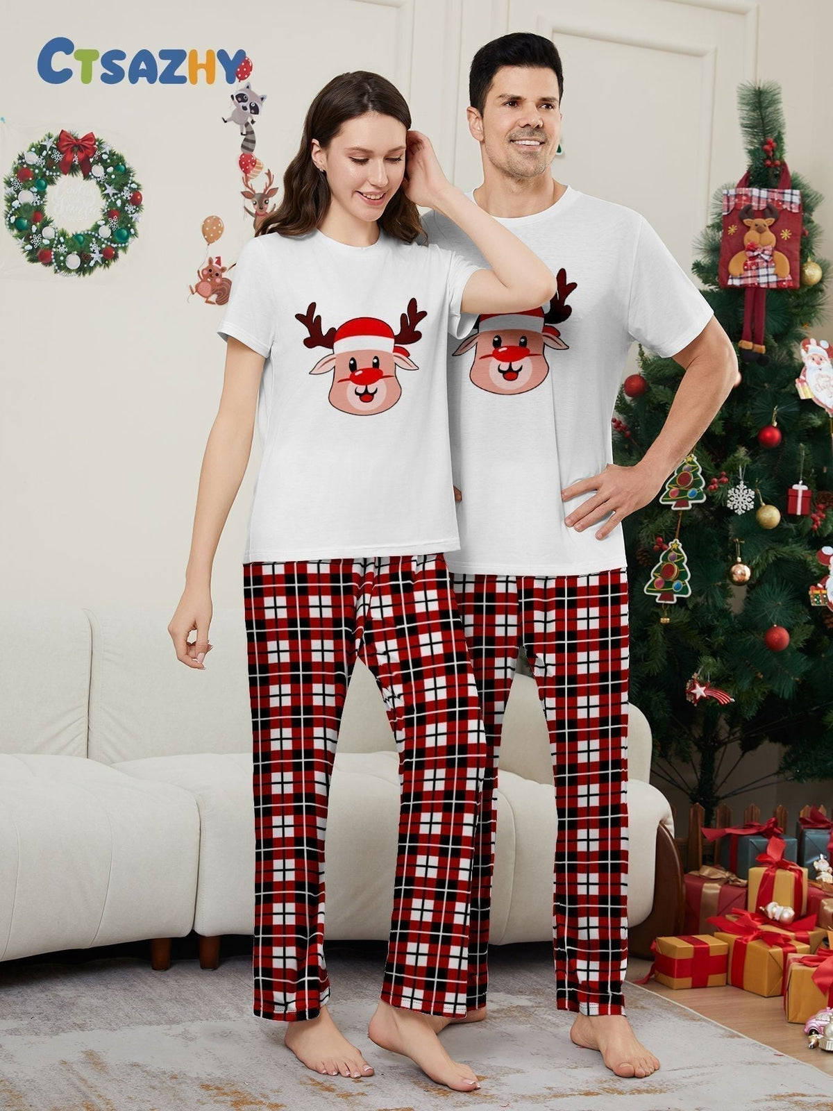 Deer Plaid Family Pajama Set - model wearing