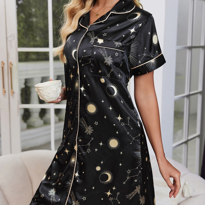 Black Cardigan-Style Pajama Set - front view